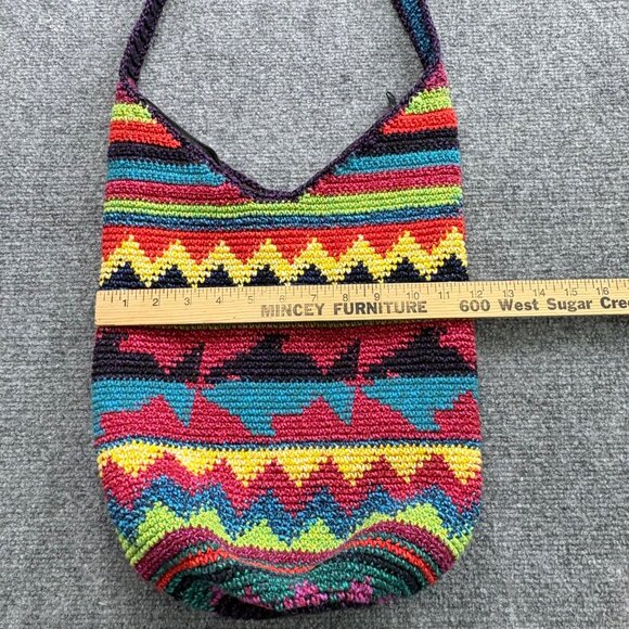 Crochet Shoulder Bag Zigzag Fish Patterned Colorful Long Strap Boho Hippie - Picture 3 of 16